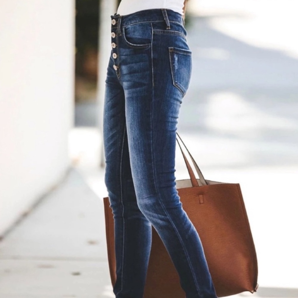 High Waisted Button Front Skinny Jeans - Picture 3 of 5